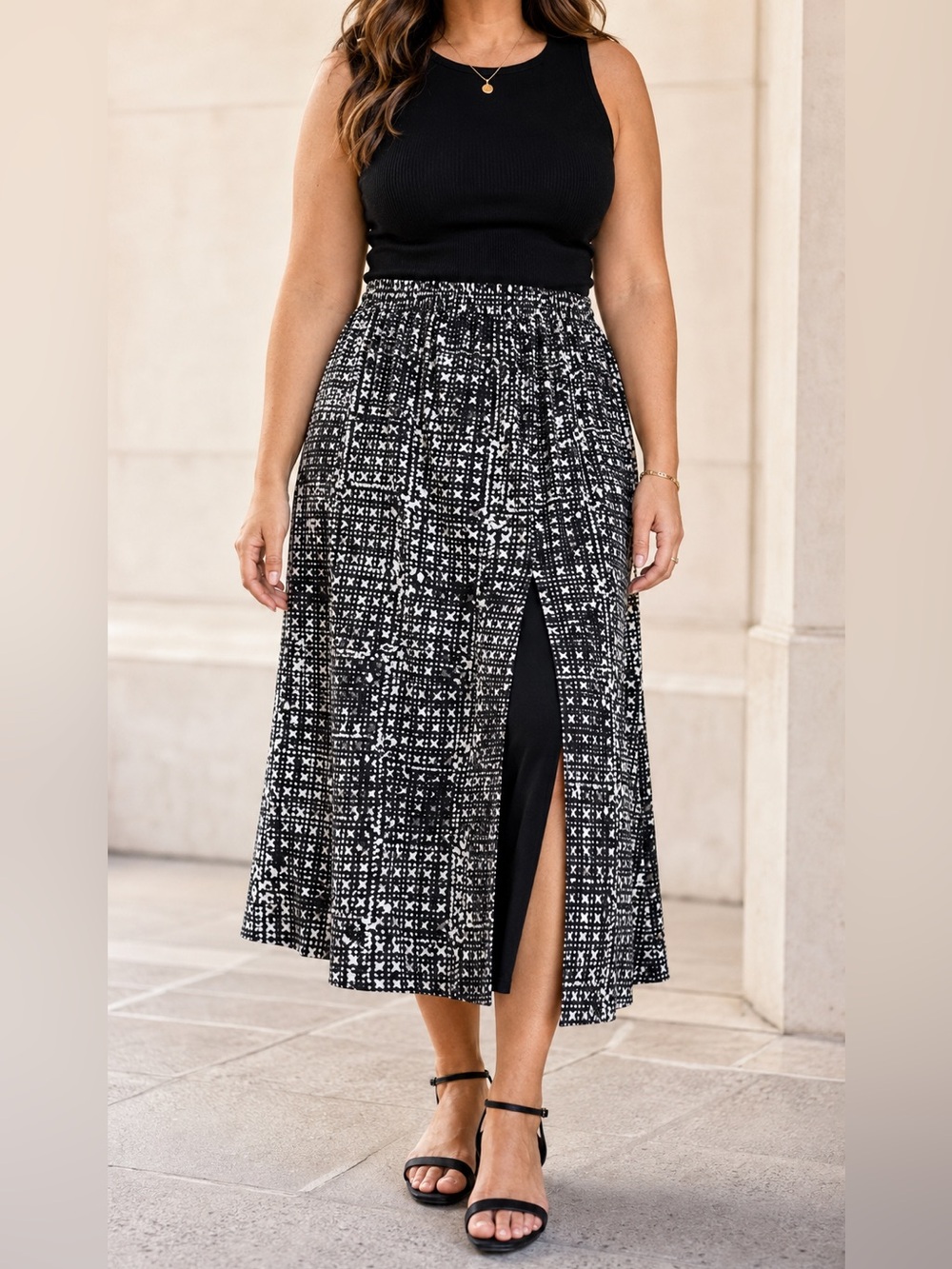 Michael Kors XL Black White Abstract Print Midi Skirt Front Slit Pull On